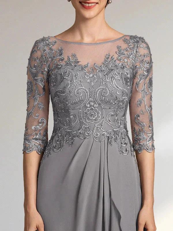 A-line Scoop Illusion Floor-Length Chiffon Lace Mother of the Bride Dress With Beading Sequins Cascading Ruffles by Dreamylily