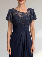 A-line Asymmetrical Illusion Floor-Length Lace Chiffon Mother of the Bride Dress With Cascading Ruffles Sequins by Dreamylily