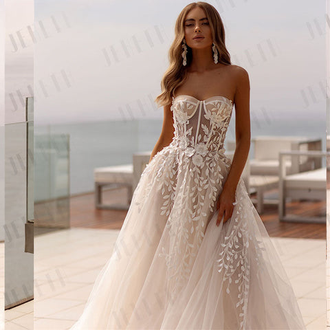 Vestidos de novia de moda sin tirantes con apliques de encaje de flores 3D y cola larga, vestido de novia personalizado