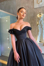 A-line Sleek and Stunning Off-the-Shoulder Black Prom Dress with Ruffle