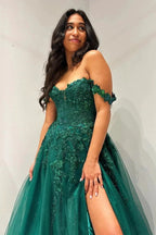 Elliana | Glitter Emerald Appliques Off-the-Shoulder A-Line Long Prom Dress by KissProm