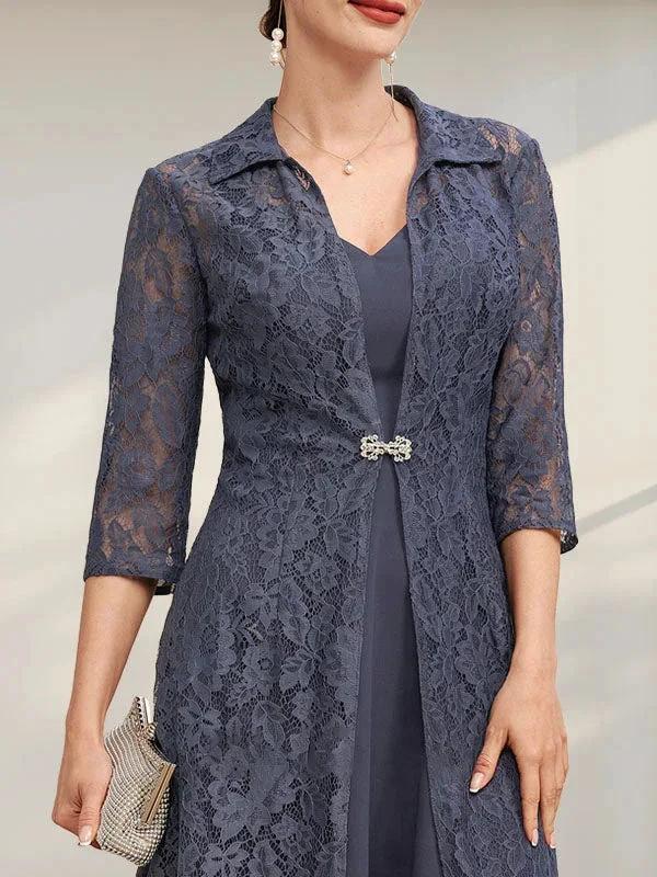 A-line V-Neck Tea-Length Chiffon Mother of the Bride Dress by Dreamylily