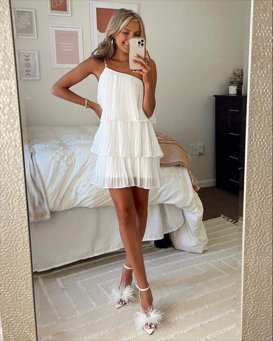 White Pleated One-shoulder Graduation Dress White Short Homecoming Dress Y1846 by simplepromdress