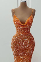 Long Sequined V-Neck Spaghetti Strap Mermaid Prom Dress by BIZTUNNEL