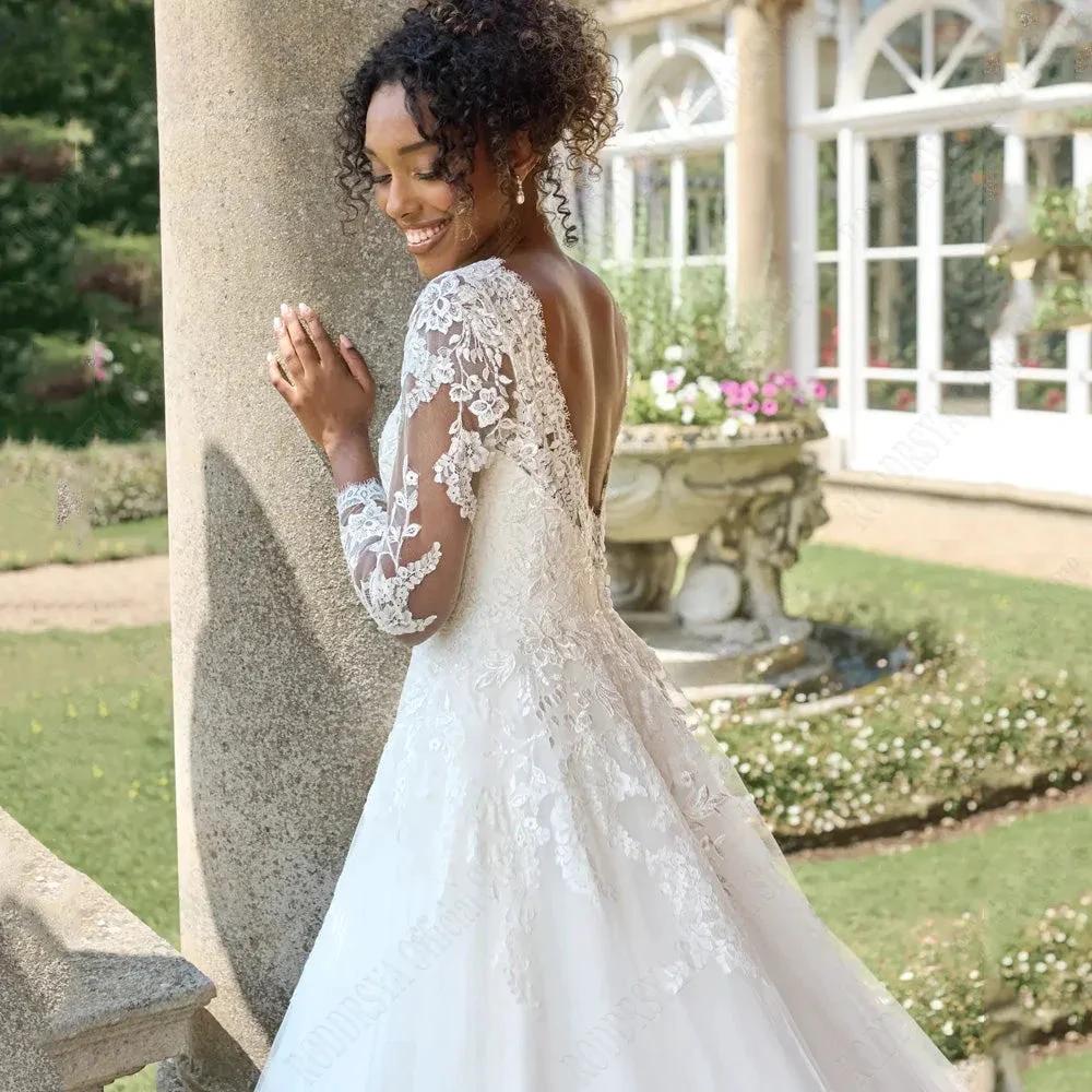 Civil Wedding Dresses For 2024 Bride Long Sleeves Backless Scoop Bride Gowns A-Line Lace Applique vestido de noiva by payinti