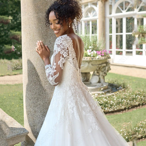 Civil Wedding Dresses For 2024 Bride Long Sleeves Backless Scoop Bride Gowns A-Line Lace Applique vestido de noiva