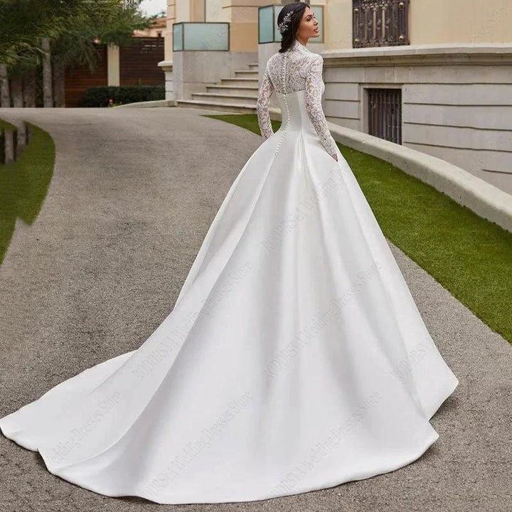 Satin Lace Ball Gowns For Bridal Appliques Full Sleeves Wedding Dresses Vestidos De Noiva Mariage Princess Custom Made by payinti