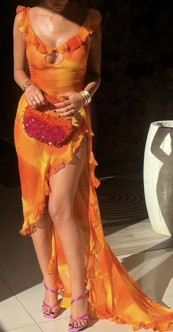 Unique Chiffon Ruffles Slit Long Prom Dress Party Evening Dress Y7497 Hover Image