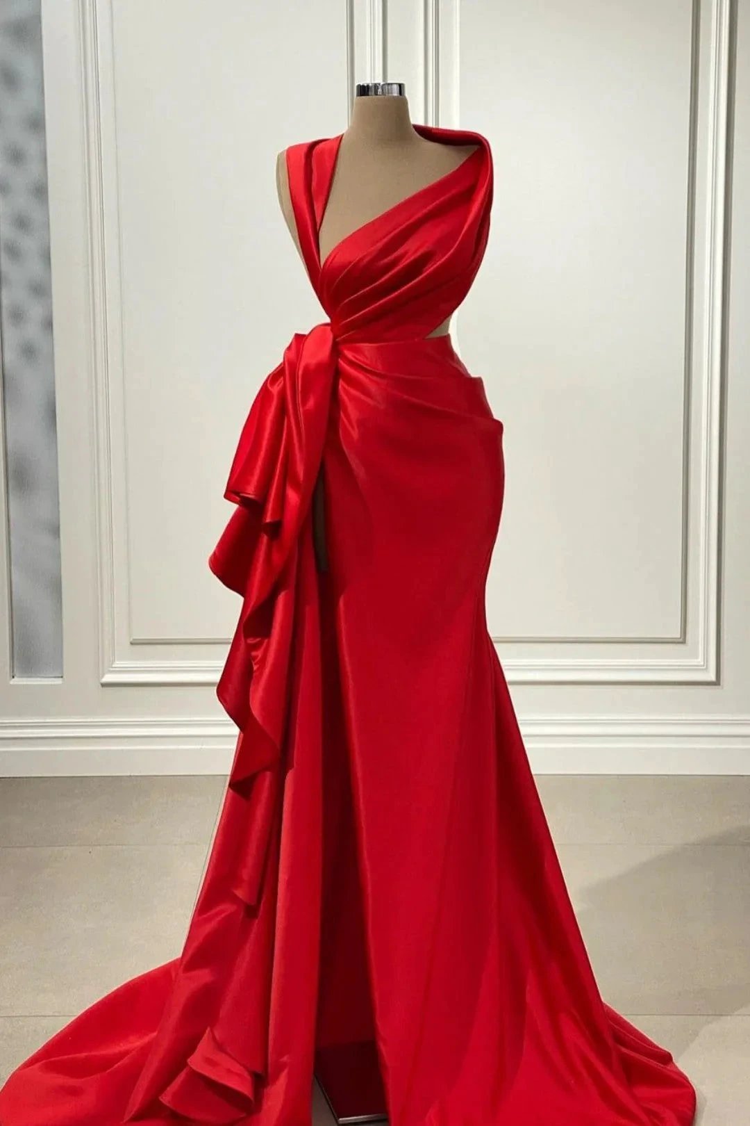 Red Mermaid Draped Satin Floor Length Prom Gown with Slit by BIZTUNNEL