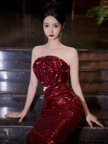 Burgundy Strapless Sequin Rose Flowers Prom Dress Mermaid Long Evening Dress Y8595