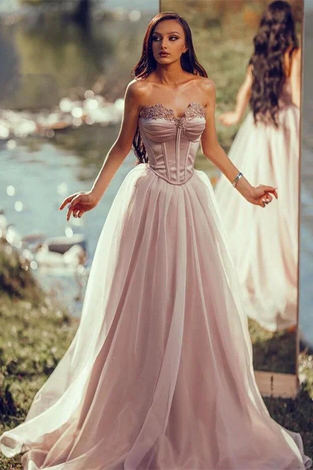 Strapless A-line Long Prom Dress with Tulle Applique and Pleats by BIZTUNNEL