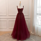 Gothic Burgundy Spaghetti Straps Sequins Beaded Formal Prom Dress Tulle Party Evening Dress Y7586 by simplepromdress