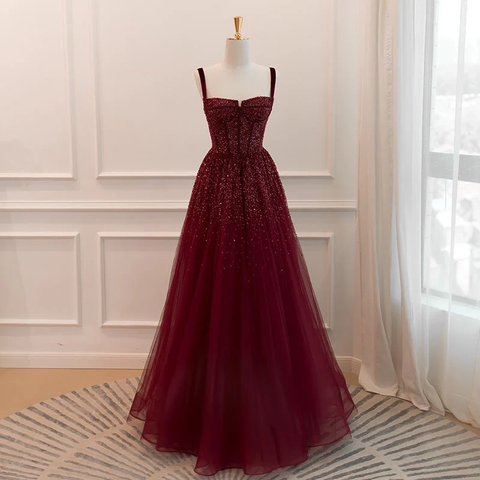 Gothic Burgund Spaghettiträger Pailletten Perlen Formales Ballkleid Tüll Party Abendkleid Y7586