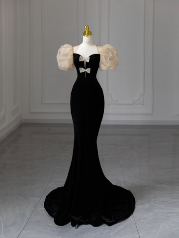 Vestido de fiesta elegante de noche con escote sirena en terciopelo burdeos, mangas abullonadas y lazo Y7674