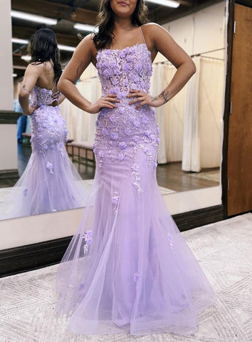 Armani | Vestido de fiesta de sirena lila con escote redondo y apliques