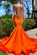 Orange Long V Neckline Sleeveless Beads Mermaid Backless Prom Dresses by BIZTUNNEL