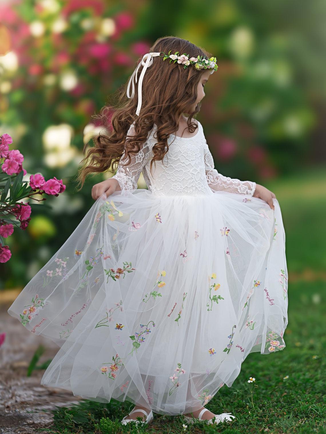 Floral Lace Embroidered Tulle A-Line Floor Length Garden Flower Girl Dress - photo 2