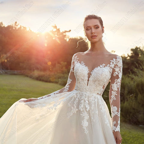 Pastrol Wedding Dresses For Woman Long Sleeves Illusion Back Scoop Bride Gowns Applique A-Line Tulle vestidos de novia