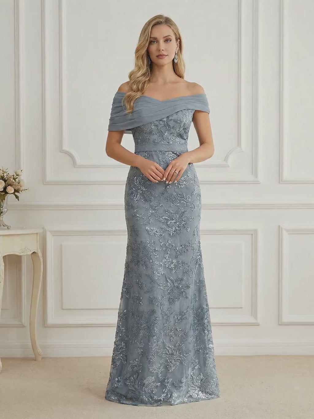 Mermaid Off Shoulder Short Sleeve Long Elegant Mother of the Bride Dresses with Sequin (SHI22500242)