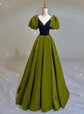 Sexy Green Satin V Neck Puff Sleeves Prom Dress Brithday Ball Gown Party Dress Y7600 by simplepromdress