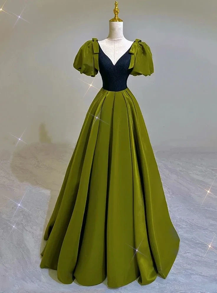 Sexy Green Satin V Neck Puff Sleeves Prom Dress Brithday Ball Gown Party Dress Y7600 by simplepromdress