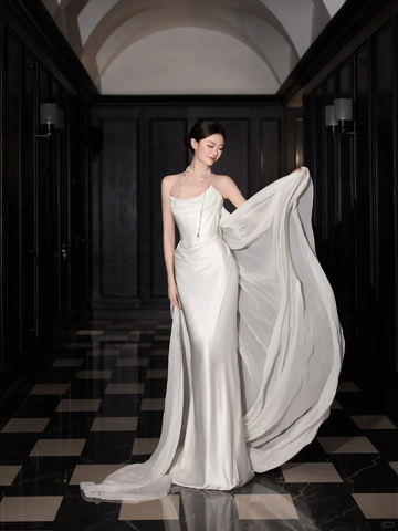 Vestido de fiesta elegante de sirena en satén blanco de gasa, vestido de novia largo sin tirantes Y8591