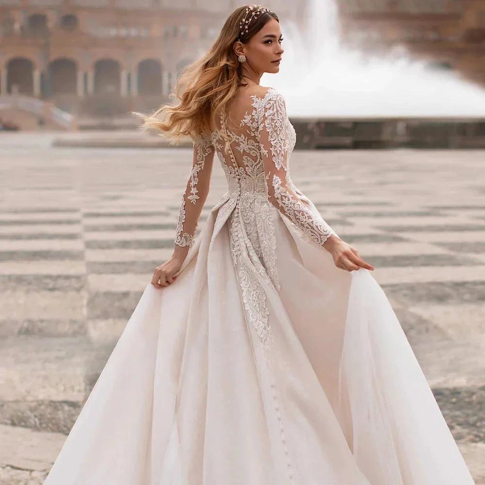 A-Line Round Neck Wedding Dress Crystal Beads Elegant Ladies Bohemian Lace Applique Long Sleeve Bride Bridal Gowns Seaside Party by payinti