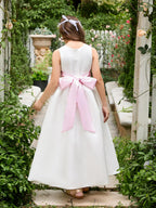 Ivory Satin Flower Girl Ball Gown with Sash Bow | Ankle-Length Tulle Dress (0… - photo 6