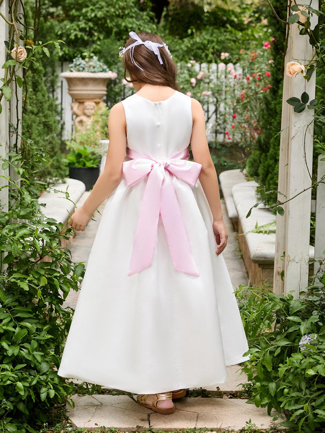 Ivory Satin Flower Girl Ball Gown with Sash Bow | Ankle-Length Tulle Dress (0… - photo 6