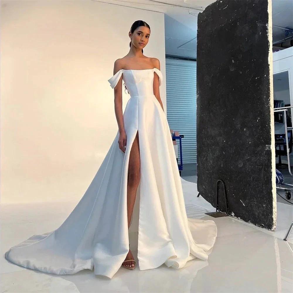 Simple A Line Satin Bride Wedding Dresses Strapless High Split Bridal Dress Women Formal Special Party Bridal Gowns by payinti