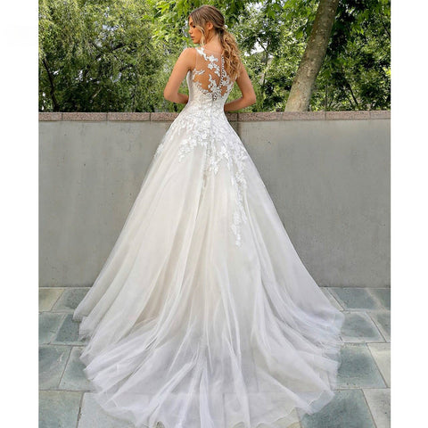 Elegant Wedding Dress A-Line O-Neck Tank Lace Appliques Illusion Button Tulle Bride Gown Robe De Mariée Customized