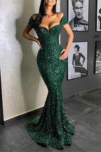 Portrait Sweetheart Sequined Long Mermaid Prom Dress with Ruffles by BIZTUNNEL