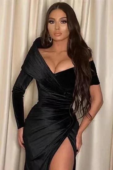 Mermaid Off-The-Shoulder Long Sleeve Black Prom Dress With Slit by BIZTUNNEL