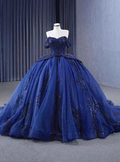 Luxurious Off The Shoulder Sequins Beaded Tulle Ball Gown Navy Blue Birthday Prom Dress Y7681 by simplepromdress