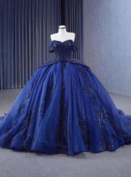 Luxurious Off The Shoulder Sequins Beaded Tulle Ball Gown Navy Blue Birthday Prom Dress Y7681 by simplepromdress