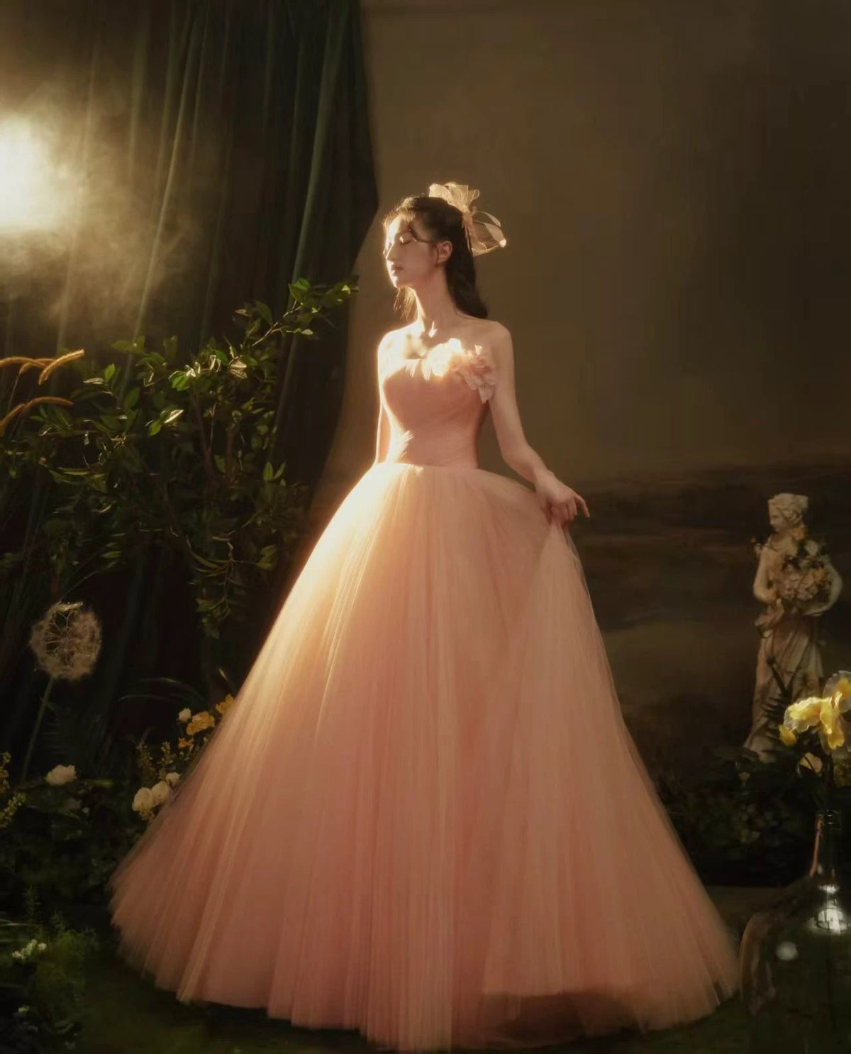 Ethereal Blush Strapless Tulle Ball Gown with 3D Flower Accents by ZAPDRESS