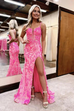 Pink Sweetheart Sequins Lace Mermaid Prom Dresses with Slit by Kissprom
