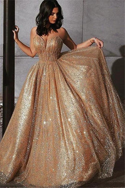 Glamorous Gold A Line Sequins Tulle Long Prom Dress with Ruffles by BIZTUNNEL