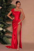 Red One-Shoulder Strapless Mermaid Prom Dress with Front Slit by BIZTUNNEL