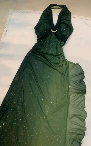 Vestido de fiesta largo de gasa verde degradado con cuello halter y brillo, vestido de noche Y7481