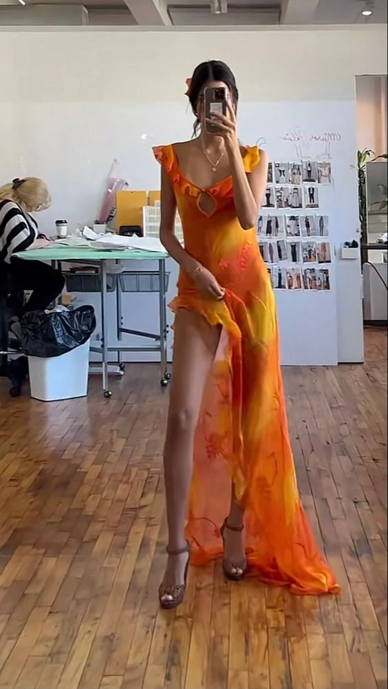 Unique Chiffon Ruffles Slit Long Prom Dress Party Evening Dress Y7497 Main Image