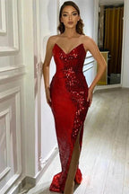 V Neck Mermaid Split Side Burgundy Long Prom Dress with Sequins by BIZTUNNEL