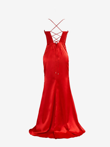 Aaliyah| Rotes Meerjungfrau-Ballkleid aus Satin mit Spaghettiträgern und Schlitz