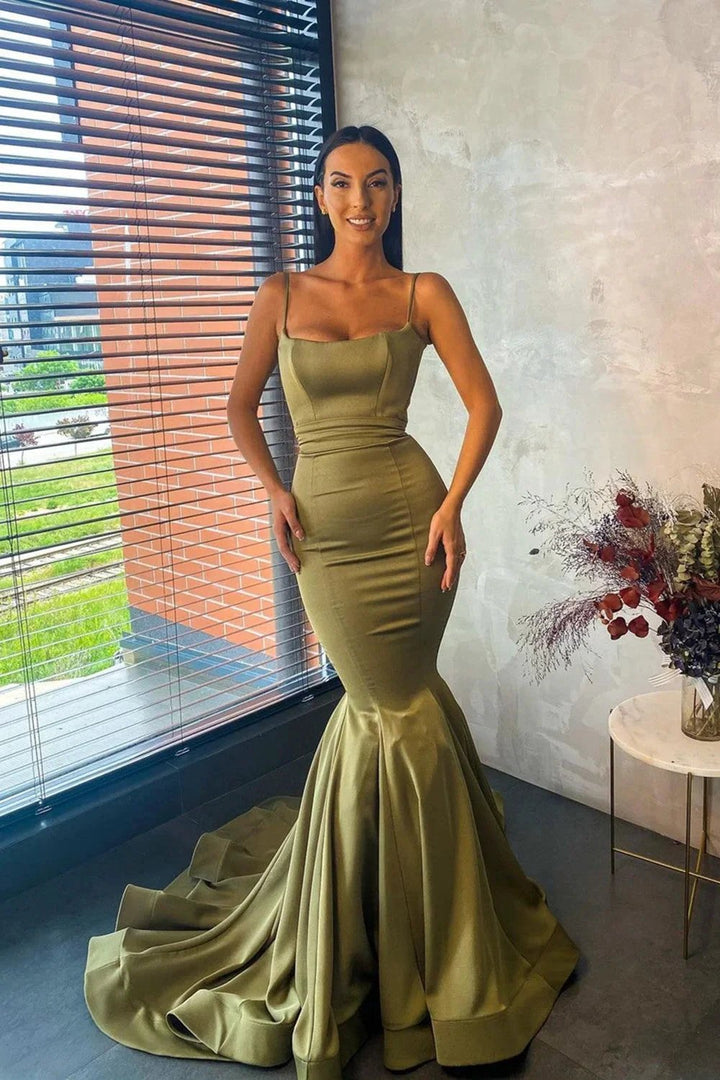Elegant Floor Length Mermaid Prom Dress with Spaghetti Straps and Ruffles by BIZTUNNEL