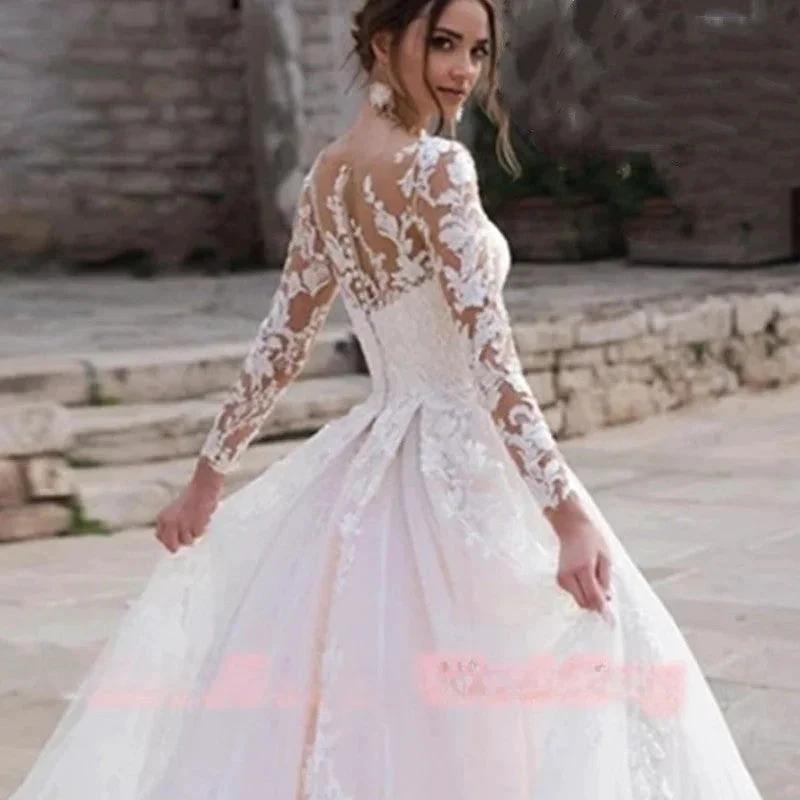 Luxury Pink Long Sleeves Wedding Dress Ball Gown Lace Appliques O-Neck Button Royal Train Bride Gowns Vestido De Novia Princess by payinti