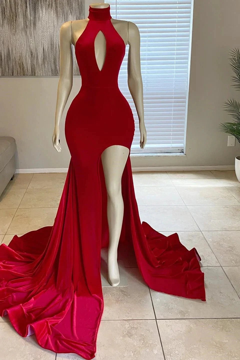 Halter Front Split Mermaid High-Neck Floor Length Prom Gown by BIZTUNNEL