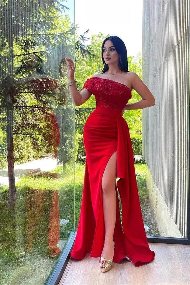 Split Front One Shoulder Mermaid Gown with Sequins and Lace Appliques by BIZTUNNEL