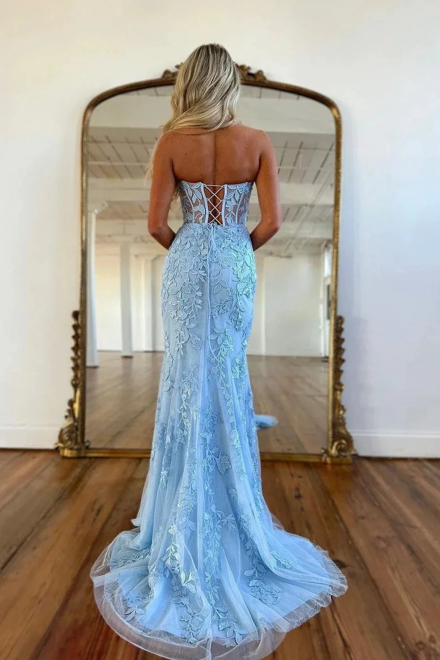 Sky Blue Long Mermaid Sweetheart Lace Formal Prom Dresses by BIZTUNNEL