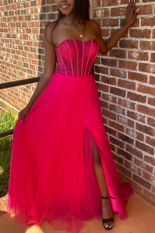 Abgründig | A-Linie, trägerlos, Perlen, Empire-Taille, ärmelloses Ballkleid mit Schlitz