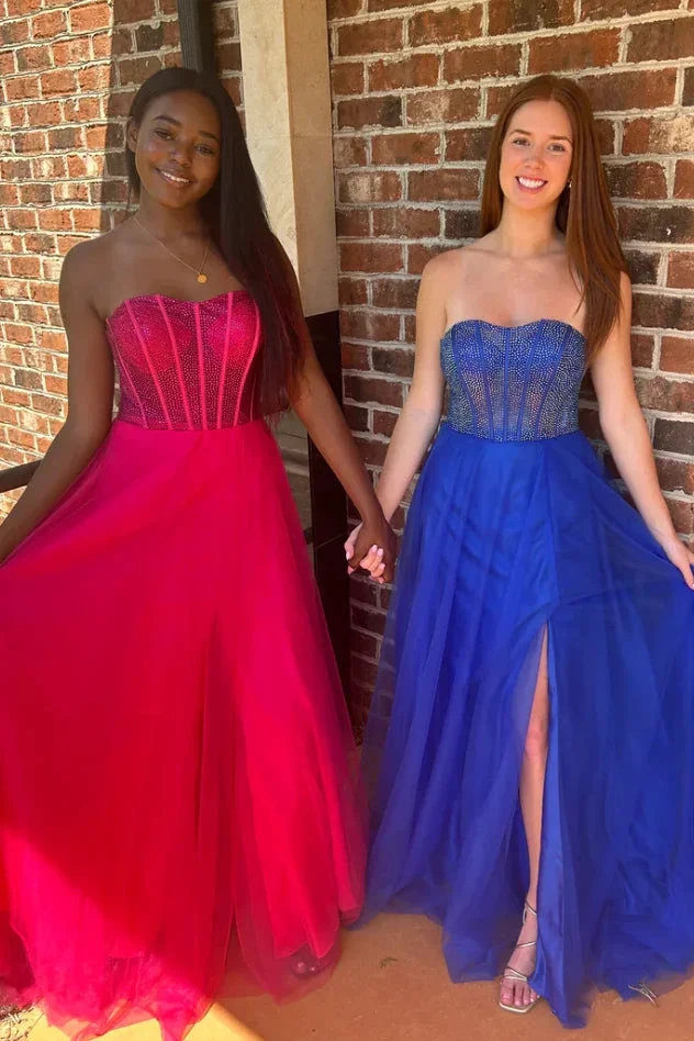 Abysmal | A-Line Strapless Beads Empire-Waist Sleeveless Prom Dress With Slit by KissProm